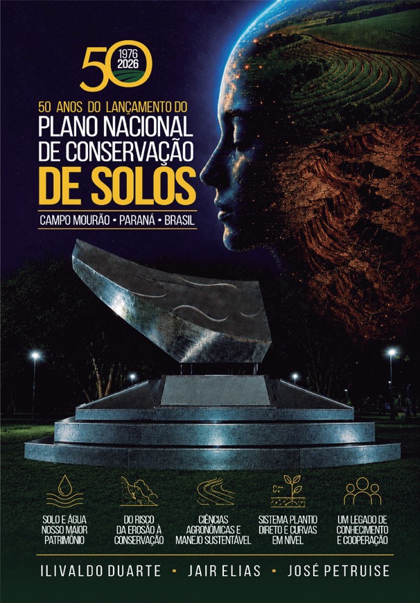 Cartaz do livro 50 anos do lan&ccedil;amento do Plano Nacional de Conserva&ccedil;&atilde;o de Solos, com o monumento ao fundo
