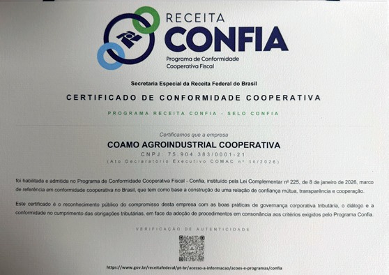 Certificado de Conformidade Cooperativa CONFIA da Coamo