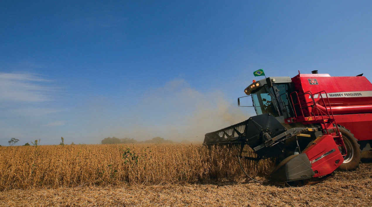 Colheitadeira colhendo soja na lavoura
