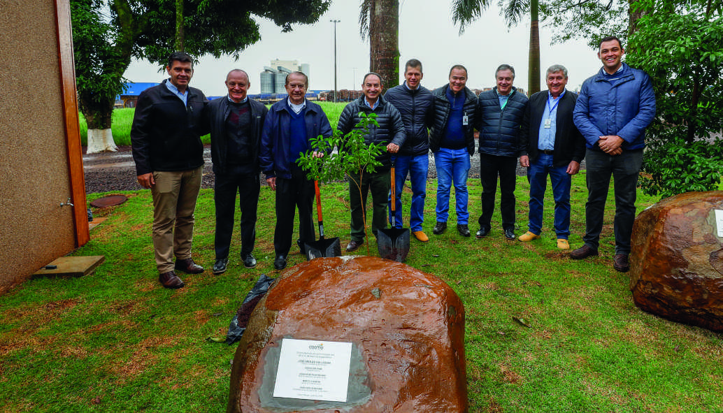 Diretoria da Coamo reunida em um gramado para o plantio de uma árvore, em frente a uma grande pedra com placa comemorativa.