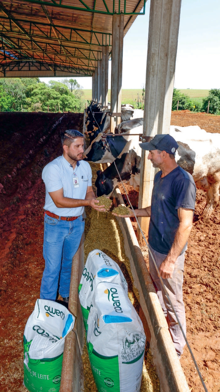 M&eacute;dico veterin&aacute;rio Gustavo dos Santos Pitlovanciv conversando com o cooperado Marcio Lobachoski no barrac&atilde;o