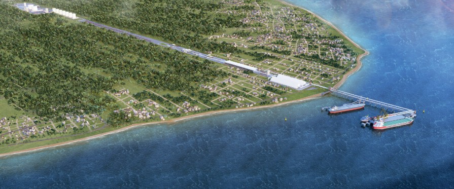 Ilustração do projeto do novo terminal portuário da Coamo em Itapoá, com píeres avançando sobre o mar e estruturas de armazenamento em terra.