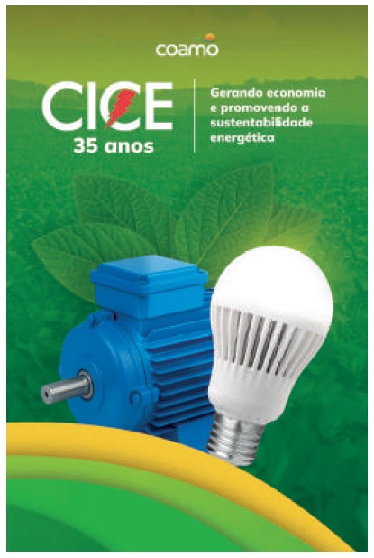 Selo CICE 35 anos. Gerando economia e promovendo a sustentabilidade energética. A imagem contém um motor elétrico e uma lâmpada LED.